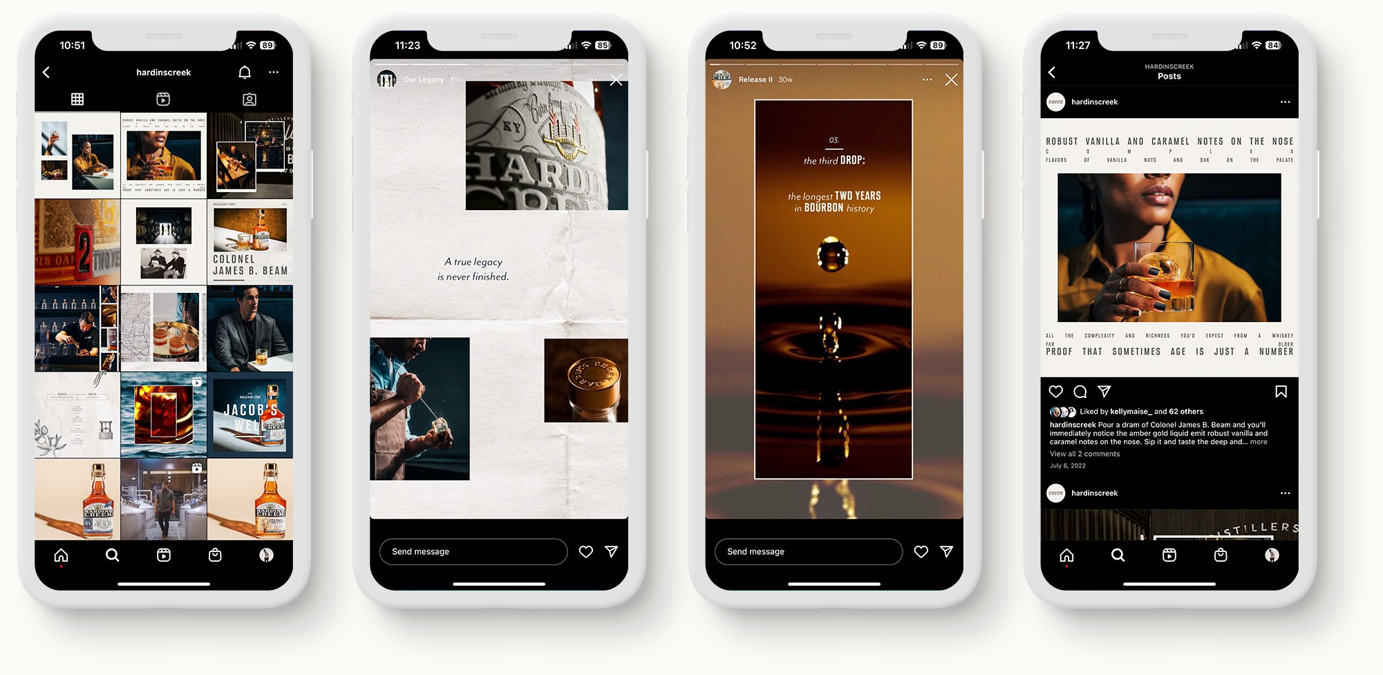 Hardin's Creek Instagram campaign across eight phone screens