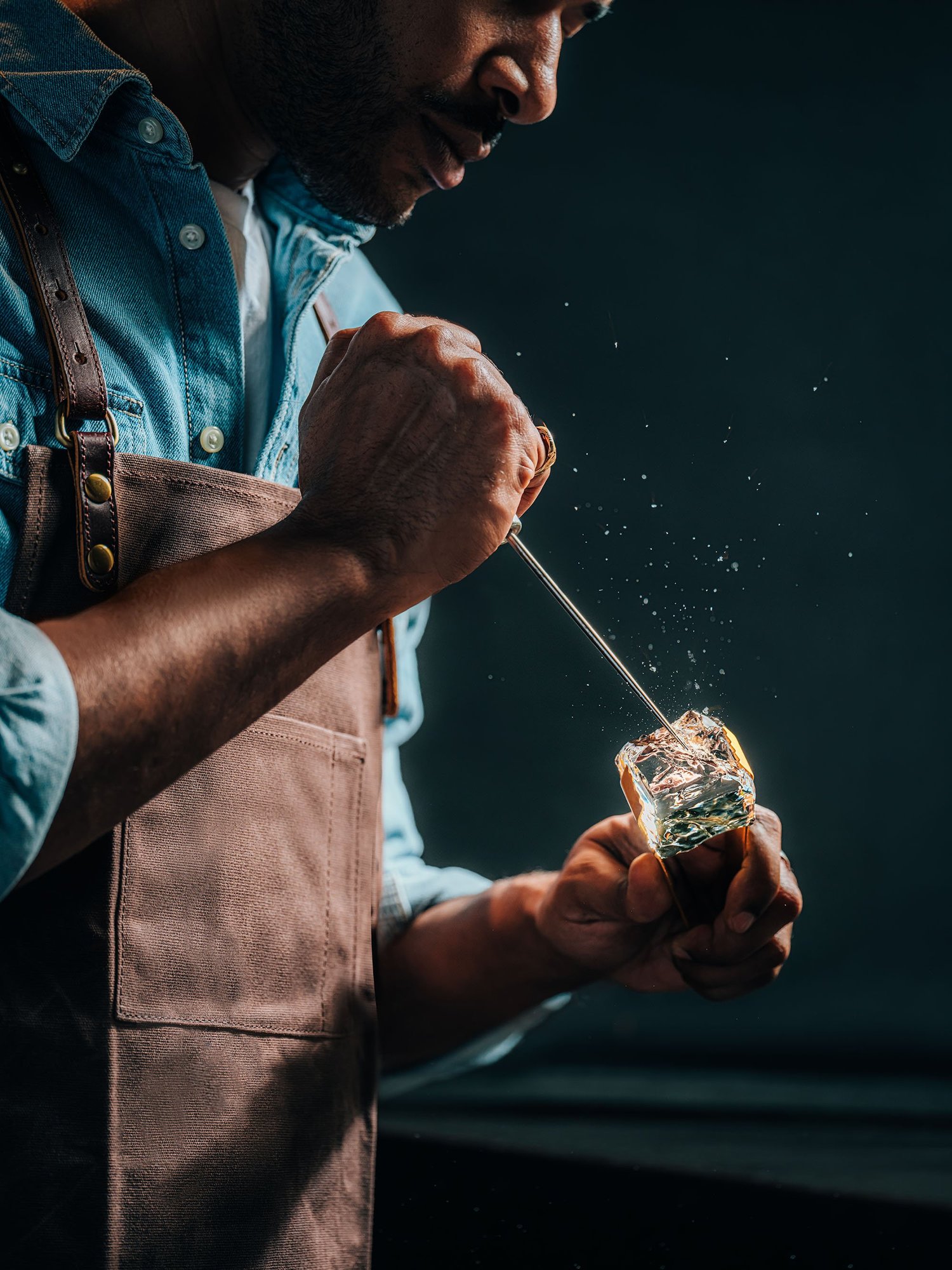 Campaign photography — carving an ice cube for the perfect pour