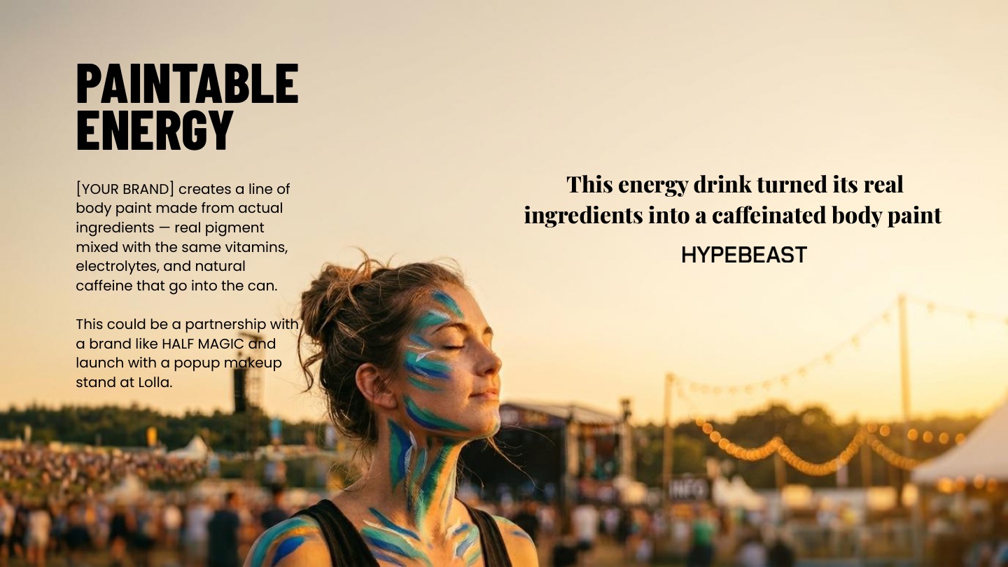 Paintable Energy — full idea slide: A line of body paint made from actual energy-drink ingredients.