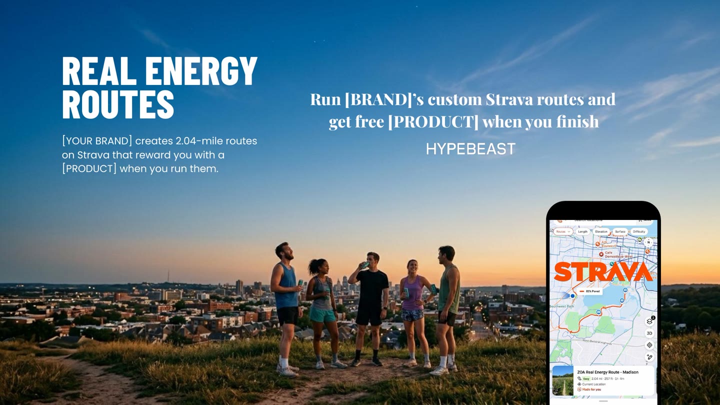 Real Energy Routes — full idea slide: 2.04-mile Strava routes that reward you at the finish.