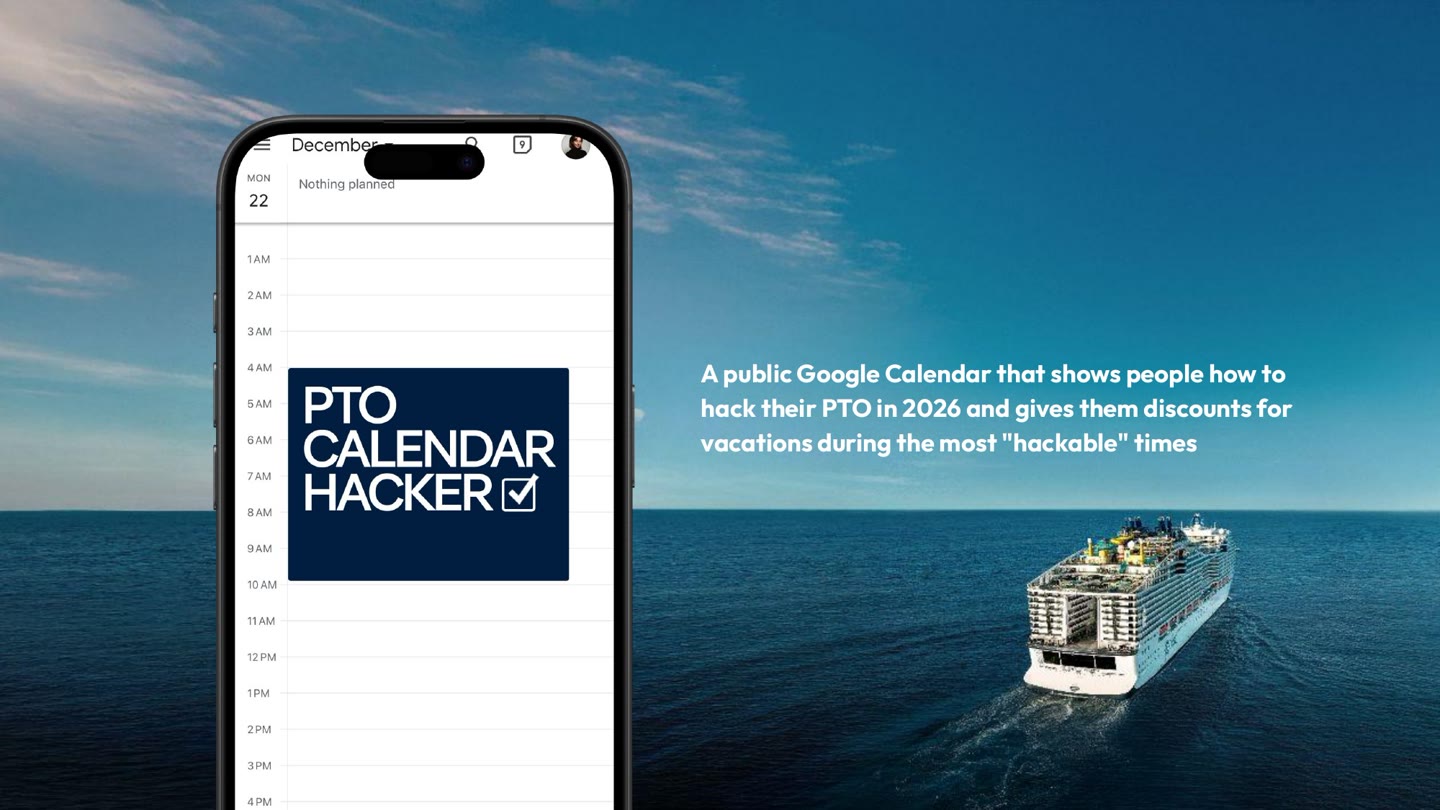 The PTO Hack Calendar — full idea slide: A public Google Calendar that shows you how to hack your PTO.