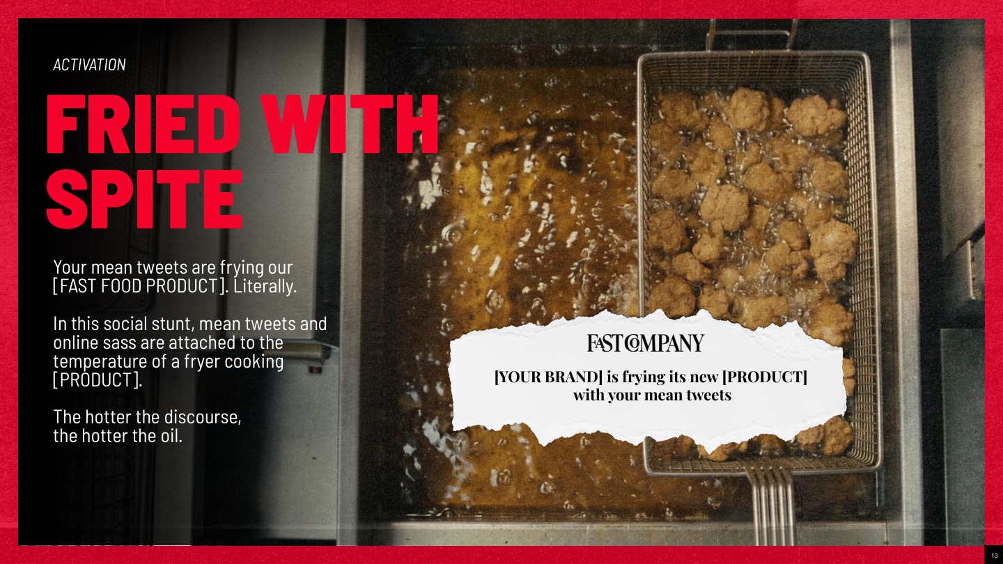 Fried by Mean Tweets — full idea slide: Your mean tweets fry the product. Literally.